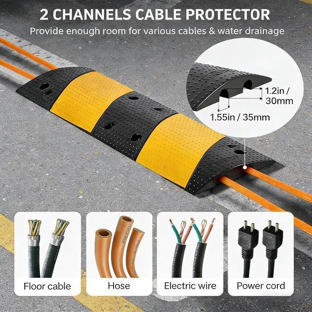 Alt view image 3 of 7 - 3.3 Ft Rubber Speed Bump 2 Pack, 25000 Lbs Capacity Heavy Duty Rubber Traffic Bumps, 39.6 Inch Cable Ramp Protector with 2 Channels, Driveway, Asphalt, Concrete & Gravel Road Safety Ramp