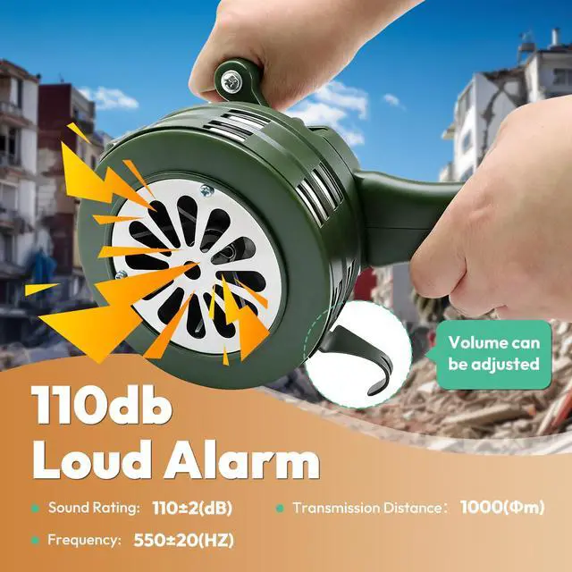 Alt view image 2 of 7 - Hand Crank Siren Horn,110 DB Loud Portable Handheld Air Raid Siren,Manual Emergency Alarm with Foldable Handle for Home,Self Protection,Green