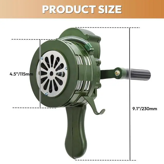 Alt view image 6 of 7 - Hand Crank Siren Horn,110 DB Loud Portable Handheld Air Raid Siren,Manual Emergency Alarm with Foldable Handle for Home,Self Protection,Green