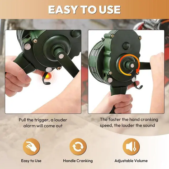Alt view image 5 of 7 - Hand Crank Siren Horn,110 DB Loud Portable Handheld Air Raid Siren,Manual Emergency Alarm with Foldable Handle for Home,Self Protection,Green