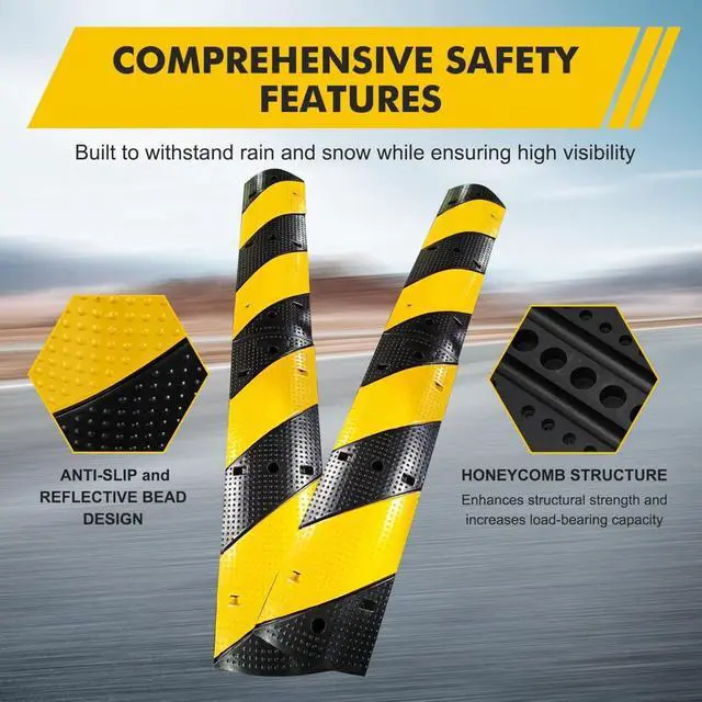 Alt view image 7 of 7 - 3.3 Ft Rubber Speed Bump 2 Pack, 25000 Lbs Capacity Heavy Duty Rubber Traffic Bumps, 39.6 Inch Cable Ramp Protector with 2 Channels, Driveway, Asphalt, Concrete & Gravel Road Safety Ramp