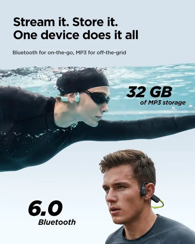 Alt view image 2 of 7 - Sole Bone Conduction Headphones, Open-Ear Bluetooth & MP3 Wireless Sport Headphones for Running & Workout, IP68 Swimming Headphones, 32GB, Long 10H Playtime