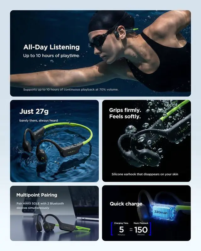 Alt view image 7 of 7 - Sole Bone Conduction Headphones, Open-Ear Bluetooth & MP3 Wireless Sport Headphones for Running & Workout, IP68 Swimming Headphones, 32GB, Long 10H Playtime
