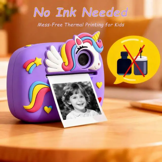 Alt view image 2 of 7 - Cute Instant Print Camera for Kids Perfect Birthday for Girls and Boys Age 3-12, Fun HD Digital Video Camera Toy with 32GB SD Card, Pink (Unicorn, Pink)