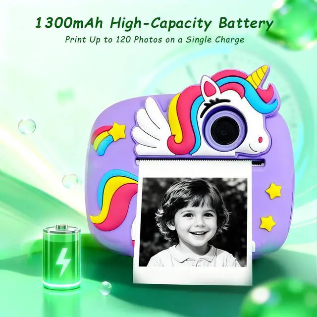 Alt view image 5 of 7 - Cute Instant Print Camera for Kids Perfect Birthday for Girls and Boys Age 3-12, Fun HD Digital Video Camera Toy with 32GB SD Card, Pink (Unicorn, Pink)