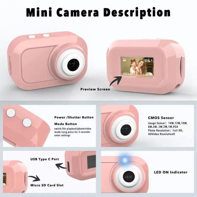 Alt view image 7 of 7 - Mini Keychain Camera with 14M 1080P FHD, Mini Pocket Digital Camera - 0.96" Tiny Portable Small Cameras, Video Recorder with 16GB Card, OTG for Travel Study Recording Vlog Night Shots (Pink)