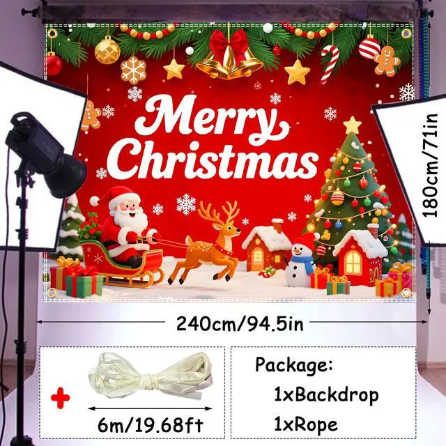 Alt view image 2 of 5 - 8x6ft Merry Christmas Backdrop Large Christmas Party Decoration Banner Xmas Backdrops for Wall Photography Background Photo Props with 19.68ft Ribbon