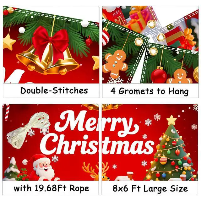 Alt view image 3 of 5 - 8x6ft Merry Christmas Backdrop Large Christmas Party Decoration Banner Xmas Backdrops for Wall Photography Background Photo Props with 19.68ft Ribbon