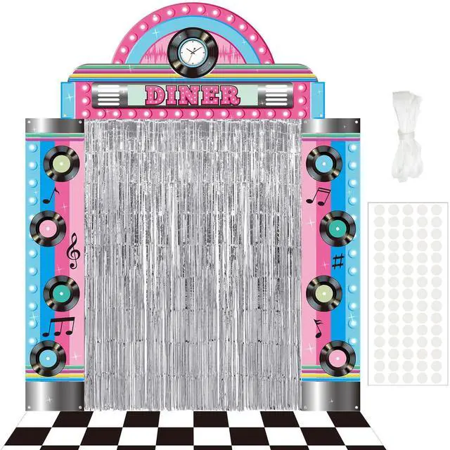 Main image of 7 Pcs 1950s Party Decorations Retro Diner Backdrop Silver Fringe | Black White Checkered Floor, Sock Hop Rock Roll Theme, 50s Birthday Photo Booth Props, Music Dance Decor