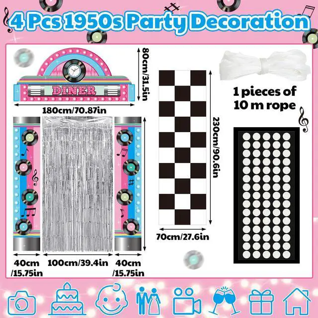 Alt view image 2 of 6 - 7 Pcs 1950s Party Decorations Retro Diner Backdrop Silver Fringe | Black White Checkered Floor, Sock Hop Rock Roll Theme, 50s Birthday Photo Booth Props, Music Dance Decor