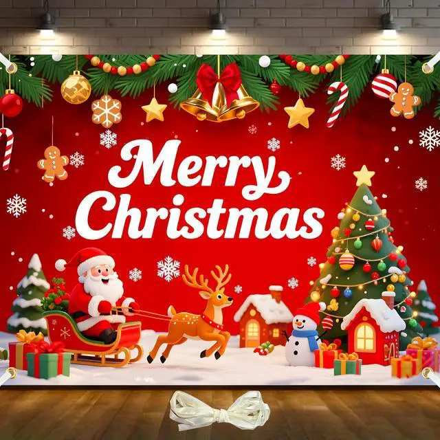 Main image of 8x6ft Merry Christmas Backdrop Large Christmas Party Decoration Banner Xmas Backdrops for Wall Photography Background Photo Props with 19.68ft Ribbon