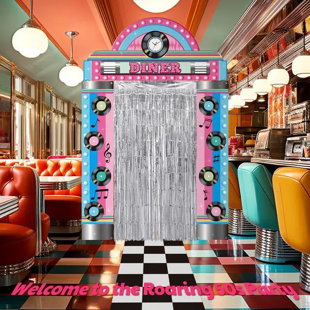 Alt view image 5 of 6 - 7 Pcs 1950s Party Decorations Retro Diner Backdrop Silver Fringe | Black White Checkered Floor, Sock Hop Rock Roll Theme, 50s Birthday Photo Booth Props, Music Dance Decor