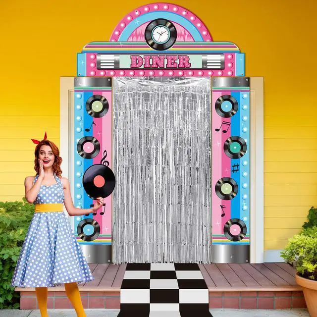 Alt view image 4 of 6 - 7 Pcs 1950s Party Decorations Retro Diner Backdrop Silver Fringe | Black White Checkered Floor, Sock Hop Rock Roll Theme, 50s Birthday Photo Booth Props, Music Dance Decor