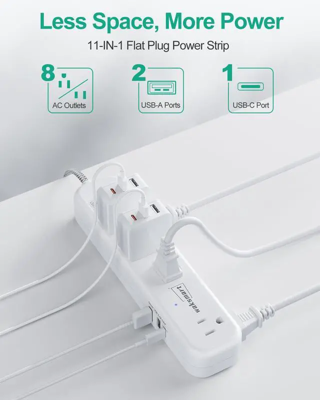 Alt view image 3 of 6 - Flat Extension Cord 20 FT Surge Protector Power Strip | 8 AC Outlets 3 USB (3.4A 17W) 1080 Joules Braided Cord Wall Mountable for Home Office College Dorm 13A 1625W