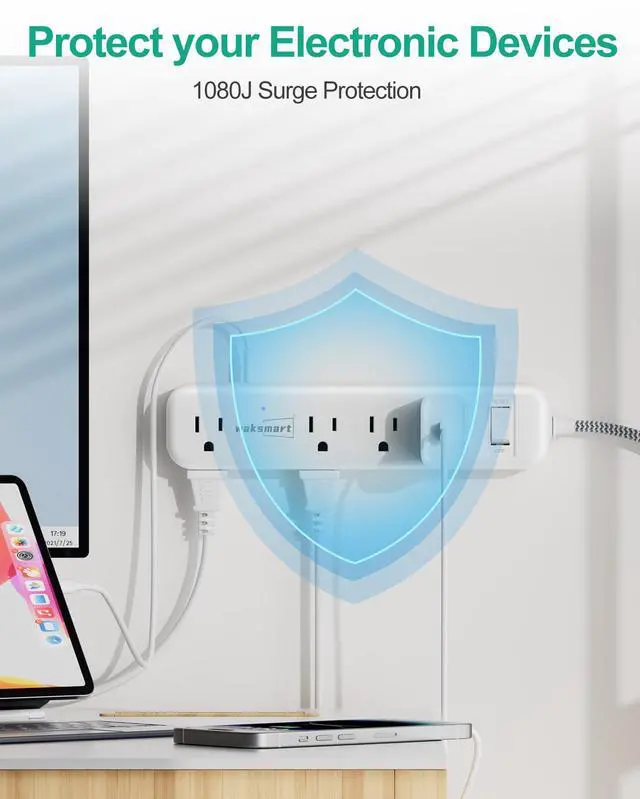 Alt view image 6 of 6 - Flat Extension Cord 20 FT Surge Protector Power Strip | 8 AC Outlets 3 USB (3.4A 17W) 1080 Joules Braided Cord Wall Mountable for Home Office College Dorm 13A 1625W