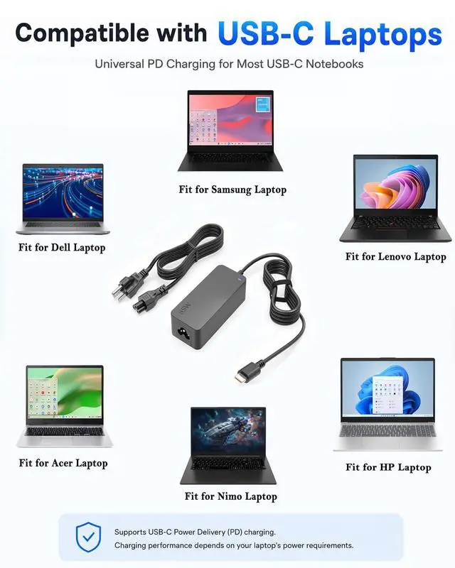 Alt view image 2 of 7 - 65W 45W USB C Laptop Charger Fit for Dell Chromebook Latitude Series, fit for Lenovo, HP, Asus, Acer, Samsung, Nimo Laptop - Universal Type C Fast AC Adapter, UL Safety Certified