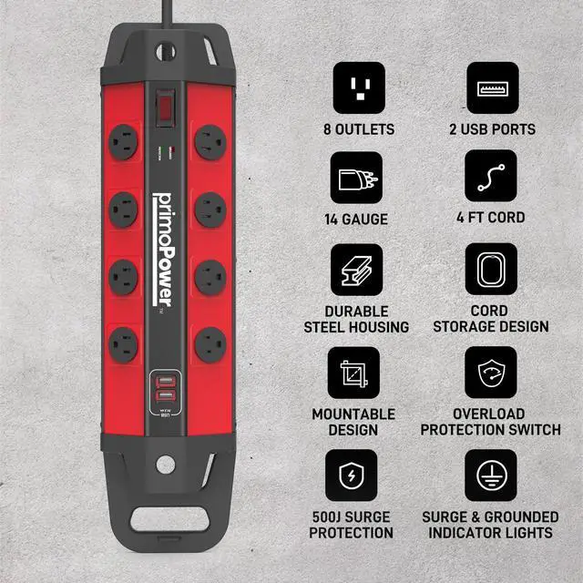Alt view image 2 of 7 - Metal Workshop Surge Protector Power Strip with 2 USB Ports - 8 Spaced Outlets, 500J Surge & Overload Protection, 4FT 14AWG Cord, Rugged Metal Housing, 125V/15A/1875W, Ideal for Indoor Workshop