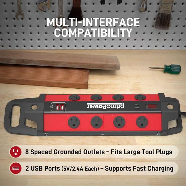 Alt view image 5 of 7 - Metal Workshop Surge Protector Power Strip with 2 USB Ports - 8 Spaced Outlets, 500J Surge & Overload Protection, 4FT 14AWG Cord, Rugged Metal Housing, 125V/15A/1875W, Ideal for Indoor Workshop