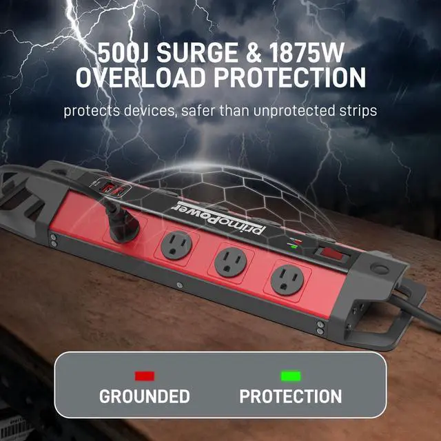 Alt view image 3 of 7 - Metal Workshop Surge Protector Power Strip with 2 USB Ports - 8 Spaced Outlets, 500J Surge & Overload Protection, 4FT 14AWG Cord, Rugged Metal Housing, 125V/15A/1875W, Ideal for Indoor Workshop