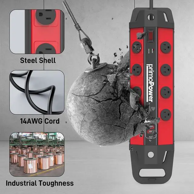 Alt view image 4 of 7 - Metal Workshop Surge Protector Power Strip with 2 USB Ports - 8 Spaced Outlets, 500J Surge & Overload Protection, 4FT 14AWG Cord, Rugged Metal Housing, 125V/15A/1875W, Ideal for Indoor Workshop