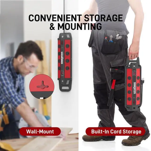 Alt view image 6 of 7 - Metal Workshop Surge Protector Power Strip with 2 USB Ports - 8 Spaced Outlets, 500J Surge & Overload Protection, 4FT 14AWG Cord, Rugged Metal Housing, 125V/15A/1875W, Ideal for Indoor Workshop