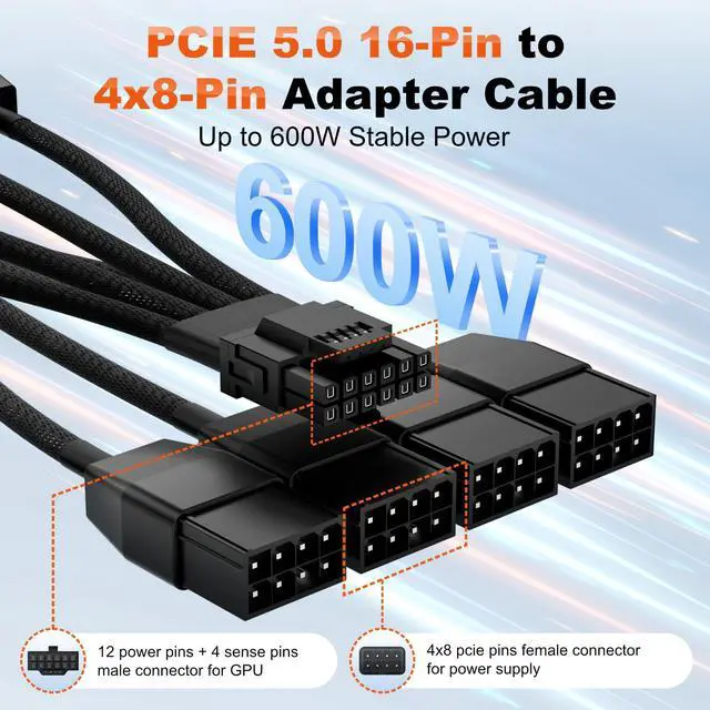 Alt view image 3 of 6 - Original Standard 12vhpwr 16 Pin Male to 4x8 Pin Female GPU Cable by | 600W GPU Cable for 5090 5080 5070Ti 5070 4090 4080 4070Ti