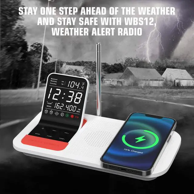 Alt view image 5 of 7 - WBS12 NOAA Weather Band Clock Radio with Hurricane Alerts, SmartSet & Battery Backup, 15W Wireless Charging, USB-C & USB-A, Dual Alarm, Temp Sensor, 0.6 LCD