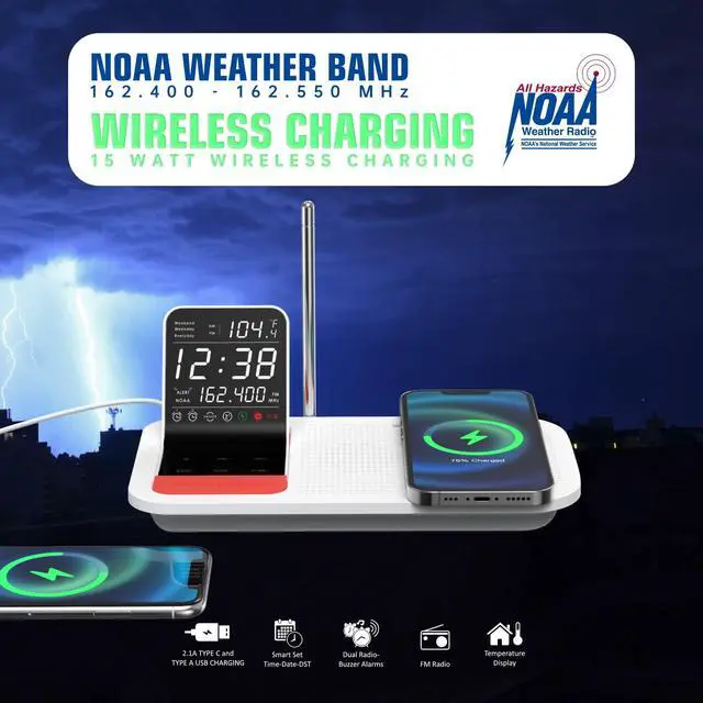 Alt view image 6 of 7 - WBS12 NOAA Weather Band Clock Radio with Hurricane Alerts, SmartSet & Battery Backup, 15W Wireless Charging, USB-C & USB-A, Dual Alarm, Temp Sensor, 0.6 LCD