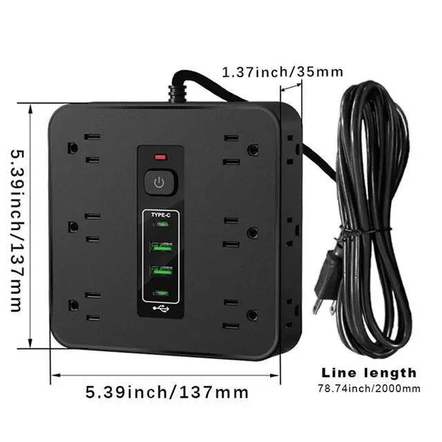 Alt view image 2 of 5 - 16-in-1 Surge Protector Power Strip with 16 AC Outlets, 3 USB & 2 Type-C Ports, for Home Office Dorm Travel (Black)
