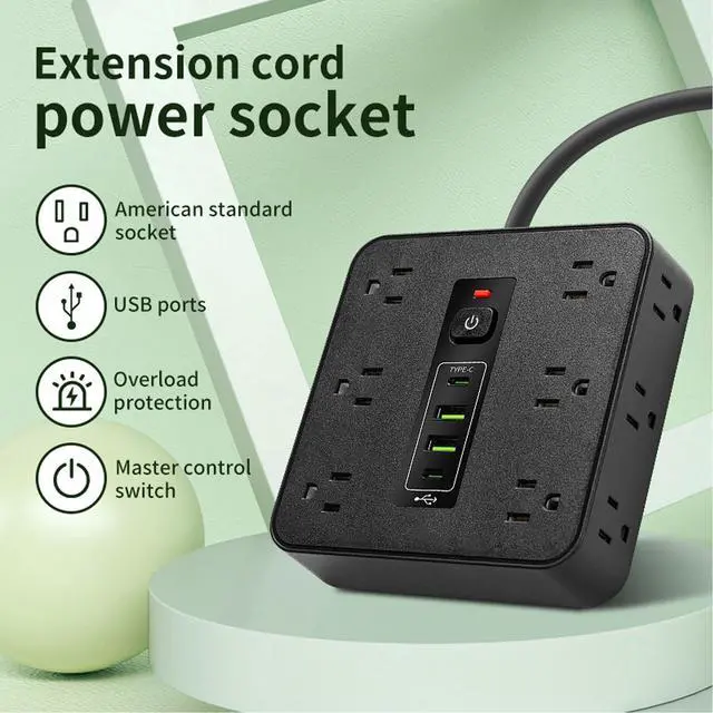Alt view image 3 of 5 - 16-in-1 Surge Protector Power Strip with 16 AC Outlets, 3 USB & 2 Type-C Ports, for Home Office Dorm Travel (Black)