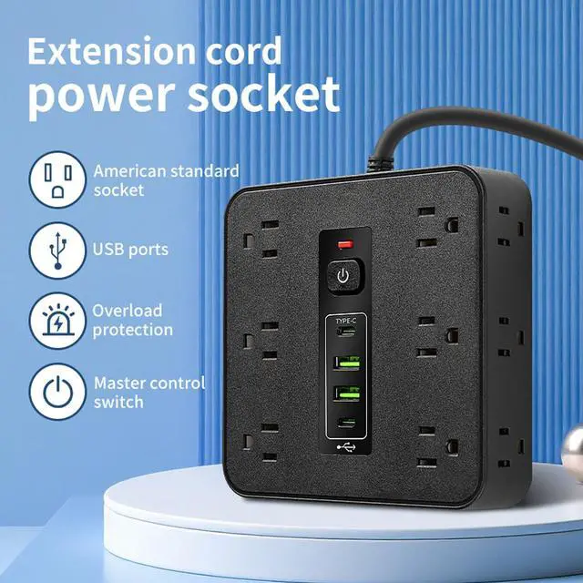 Alt view image 4 of 5 - 16-in-1 Surge Protector Power Strip with 16 AC Outlets, 3 USB & 2 Type-C Ports, for Home Office Dorm Travel (Black)
