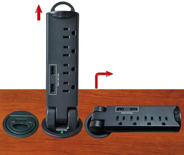 Main image of Desktop Pull-Up PowerTap Grommet with Surge Protector and USB Charger 2.4 Amp (Black)