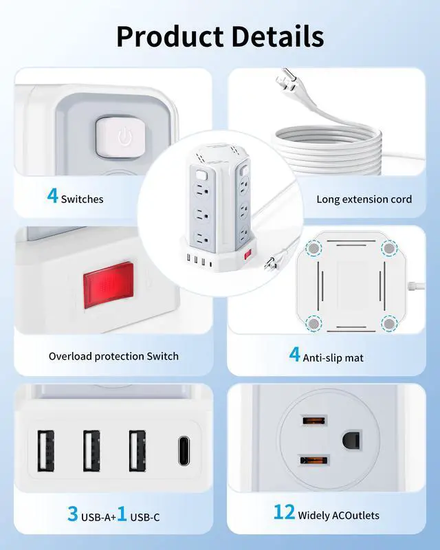Alt view image 3 of 4 - Surge Protector Power Strip Tower with 5 USB Ports and Night Light