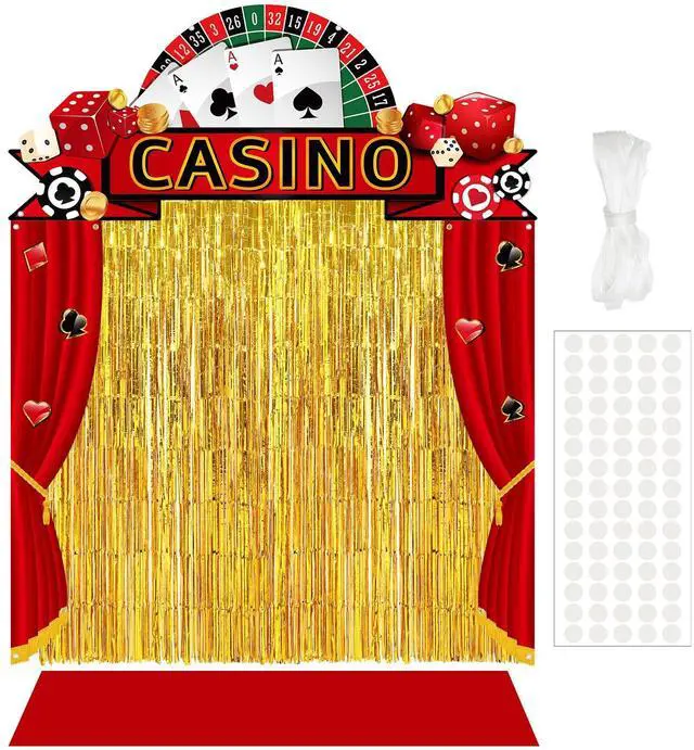 Main image of 7 Pcs Casino Party Decorations Backdrop Red Carpet Gold Fringe | Night Theme Curtain with Stanchion Posts Ropes, Vegas Poker Birthday Photo Background, Entryway Door Porch Setup