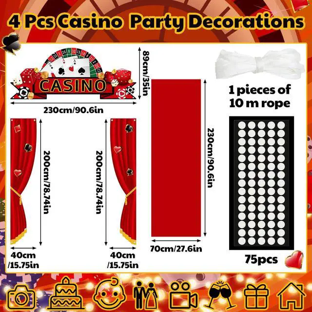 Alt view image 2 of 6 - 7 Pcs Casino Party Decorations Backdrop Red Carpet Gold Fringe | Night Theme Curtain with Stanchion Posts Ropes, Vegas Poker Birthday Photo Background, Entryway Door Porch Setup