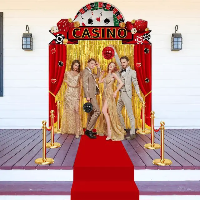 Alt view image 4 of 6 - 7 Pcs Casino Party Decorations Backdrop Red Carpet Gold Fringe | Night Theme Curtain with Stanchion Posts Ropes, Vegas Poker Birthday Photo Background, Entryway Door Porch Setup