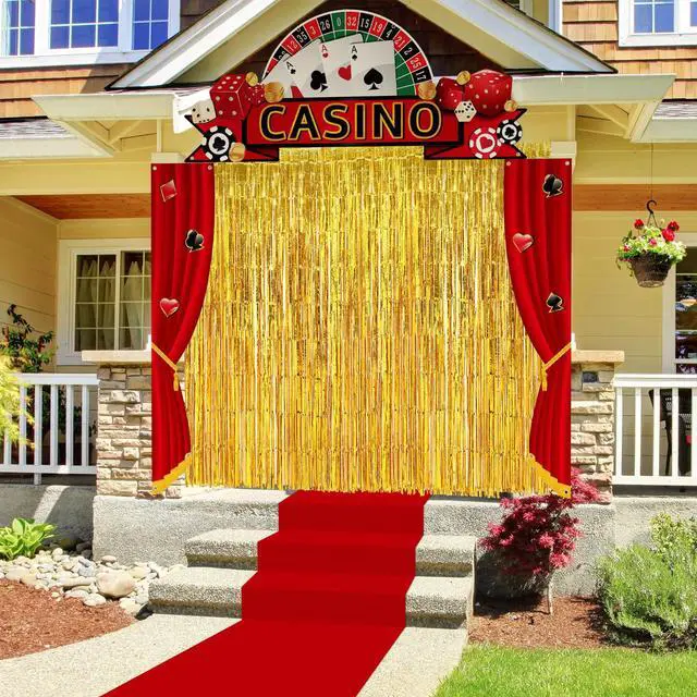 Alt view image 6 of 6 - 7 Pcs Casino Party Decorations Backdrop Red Carpet Gold Fringe | Night Theme Curtain with Stanchion Posts Ropes, Vegas Poker Birthday Photo Background, Entryway Door Porch Setup