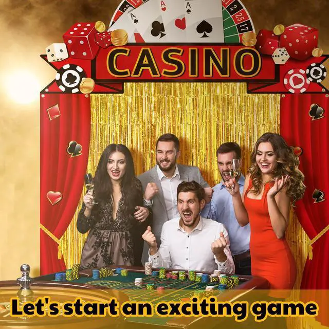 Alt view image 5 of 6 - 7 Pcs Casino Party Decorations Backdrop Red Carpet Gold Fringe | Night Theme Curtain with Stanchion Posts Ropes, Vegas Poker Birthday Photo Background, Entryway Door Porch Setup