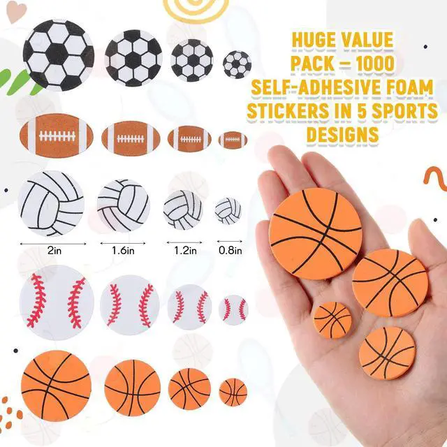 Alt view image 2 of 6 - 1000 Pcs Foam Sports Stickers Self-Adhesive 100 Days Party Favor Foam Stickers Bulk Including Soccer Basketball Baseball Volleyball Football Sports Party Favors for Arts Crafts Decor Supply
