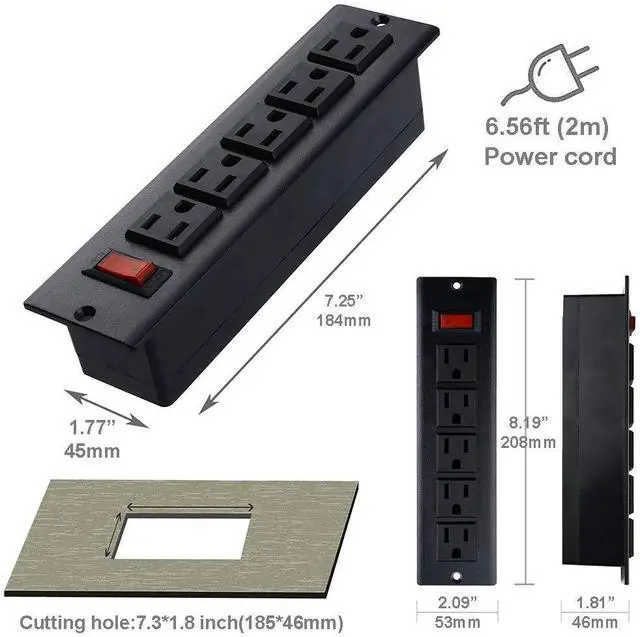 Alt view image 2 of 5 - Desk Outlets Recessed Power Strip Without USB Ports Mountable Power Strip Under Desk Power Charging Station with 5AC Outlets Black