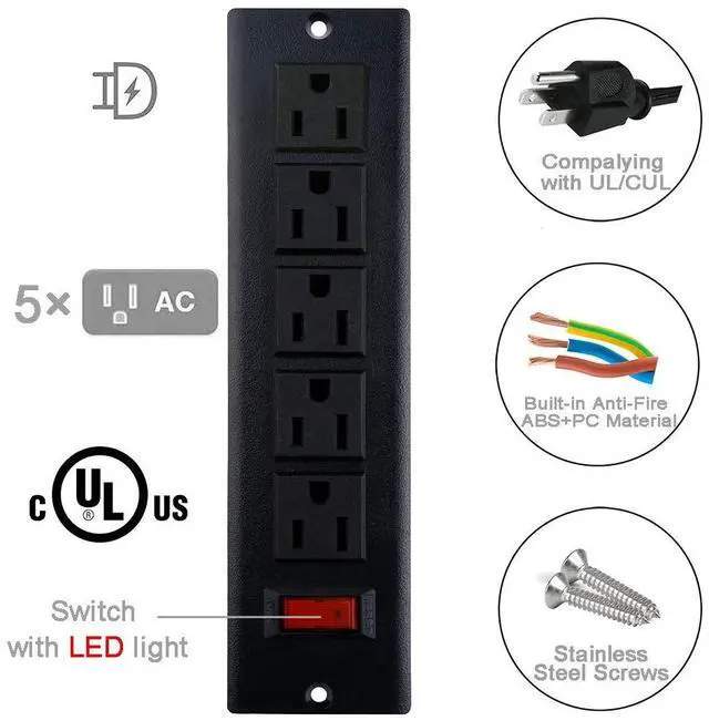 Alt view image 3 of 5 - Desk Outlets Recessed Power Strip Without USB Ports Mountable Power Strip Under Desk Power Charging Station with 5AC Outlets Black