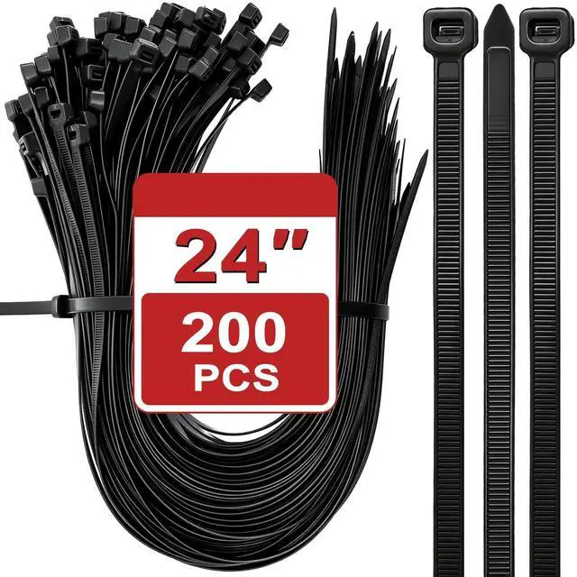 Main image of 200 Pack 24 Inch Heavy Duty Zip Ties, Black Long Cable Ties, Extra Large Self-Locking Wire Ties, Nylon Ties Wraps for Indoor and Outdoor Use, 155 LBS Tensile Strength, UV Resistant