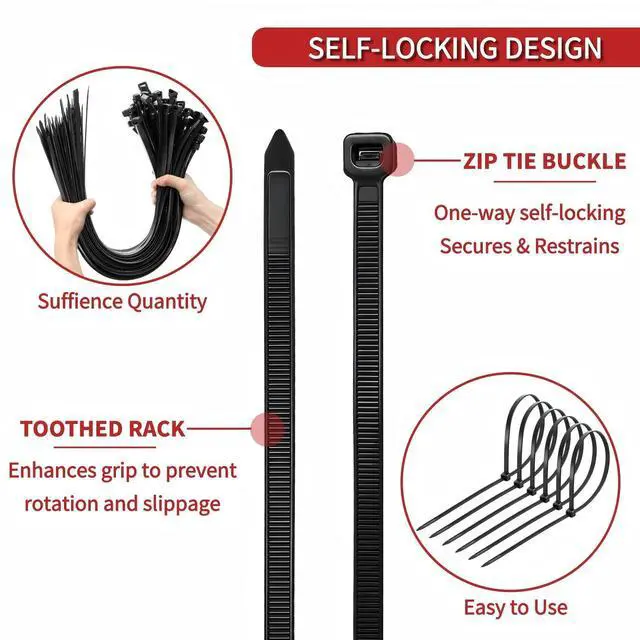 Alt view image 5 of 7 - 200 Pack 24 Inch Heavy Duty Zip Ties, Black Long Cable Ties, Extra Large Self-Locking Wire Ties, Nylon Ties Wraps for Indoor and Outdoor Use, 155 LBS Tensile Strength, UV Resistant