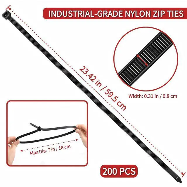 Alt view image 3 of 7 - 200 Pack 24 Inch Heavy Duty Zip Ties, Black Long Cable Ties, Extra Large Self-Locking Wire Ties, Nylon Ties Wraps for Indoor and Outdoor Use, 155 LBS Tensile Strength, UV Resistant