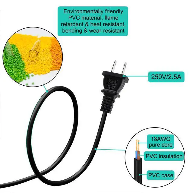 Alt view image 2 of 6 - 2Pcs 4.9Ft 2 Prong C8 AC Power Cord Male-to-Female 18AWG 2.5A Universal 2-Slot AC Power Plug Cable Replacement for TV Speaker Monitor Printer Camera with Adapter