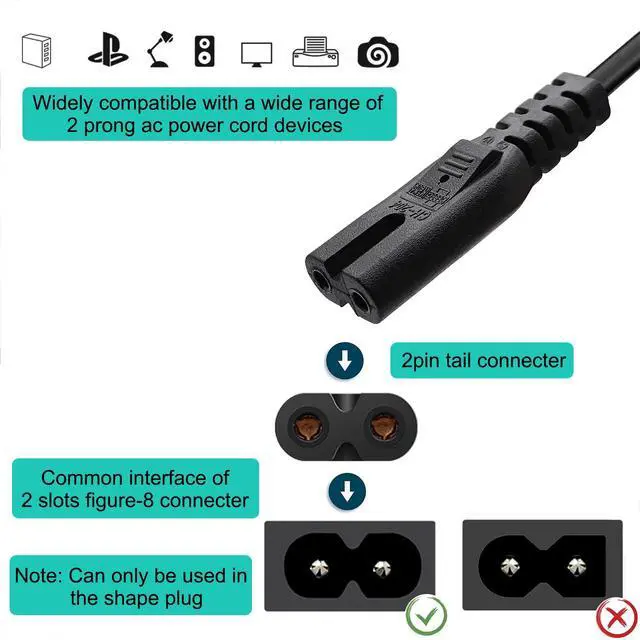 Alt view image 3 of 6 - 2Pcs 4.9Ft 2 Prong C8 AC Power Cord Male-to-Female 18AWG 2.5A Universal 2-Slot AC Power Plug Cable Replacement for TV Speaker Monitor Printer Camera with Adapter