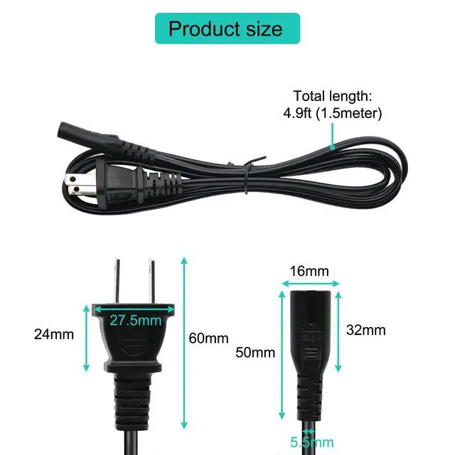 Alt view image 5 of 6 - 2Pcs 4.9Ft 2 Prong C8 AC Power Cord Male-to-Female 18AWG 2.5A Universal 2-Slot AC Power Plug Cable Replacement for TV Speaker Monitor Printer Camera with Adapter