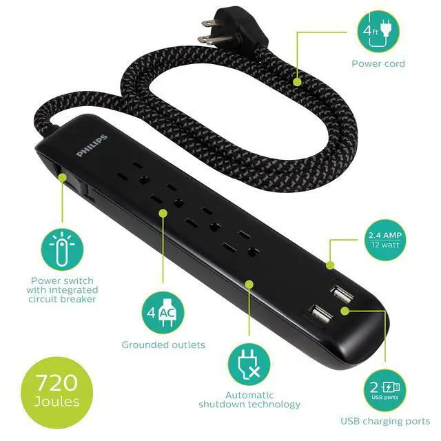 Alt view image 2 of 7 - 4 Outlet Power Strip Surge Protector with 2 USB Ports, 4 Ft Power Cord, Designer Braided Extension Cord, Flat Plug Extension Cord, Perfect for Office or Home Decor, 720 Joules, 2.4A USB, SPC62