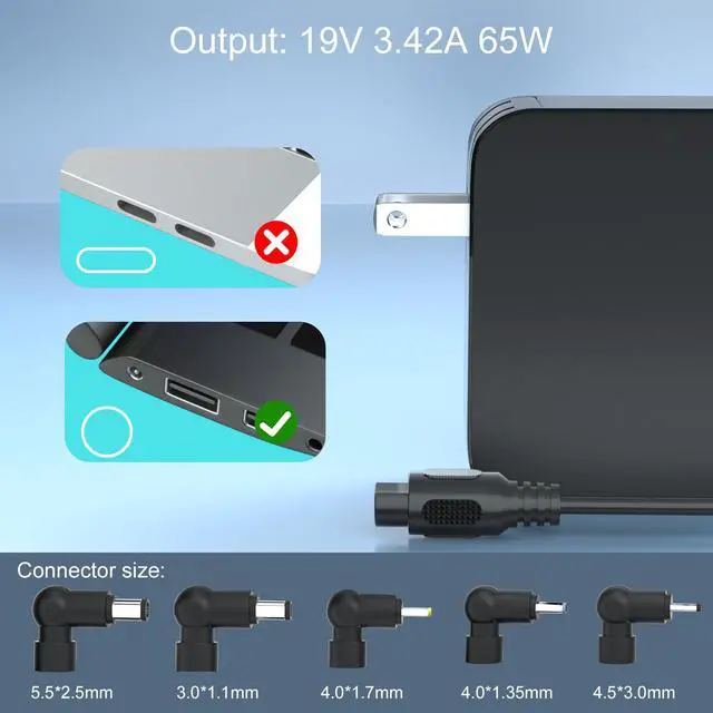 Alt view image 2 of 7 - 65W Laptop Charger for ASUS VivoBook ZenBook, Chromebook | Round Tip Connector, Convertible Connector, Supports 45W 33W Notebook Power Adapter and Selected Laptop Models Not for Type C