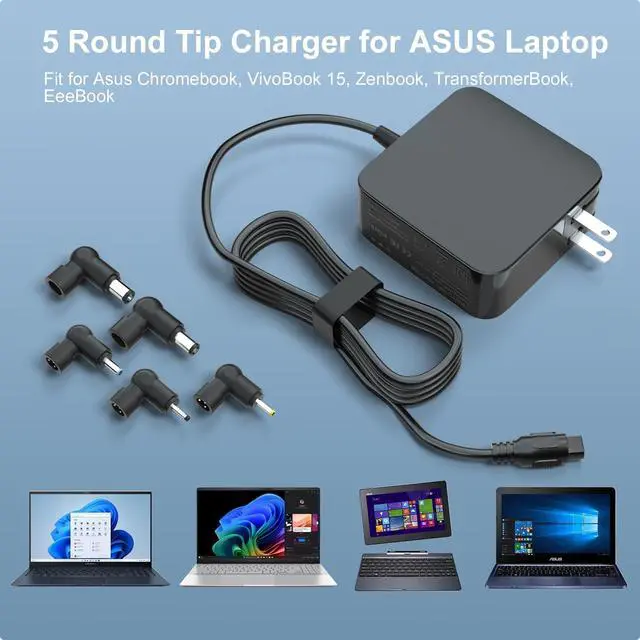 Alt view image 6 of 7 - 65W Laptop Charger for ASUS VivoBook ZenBook, Chromebook | Round Tip Connector, Convertible Connector, Supports 45W 33W Notebook Power Adapter and Selected Laptop Models Not for Type C